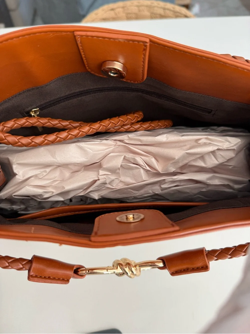 Canvas and Tan Leather Top-Handle Tote Bag - Cream/Tan